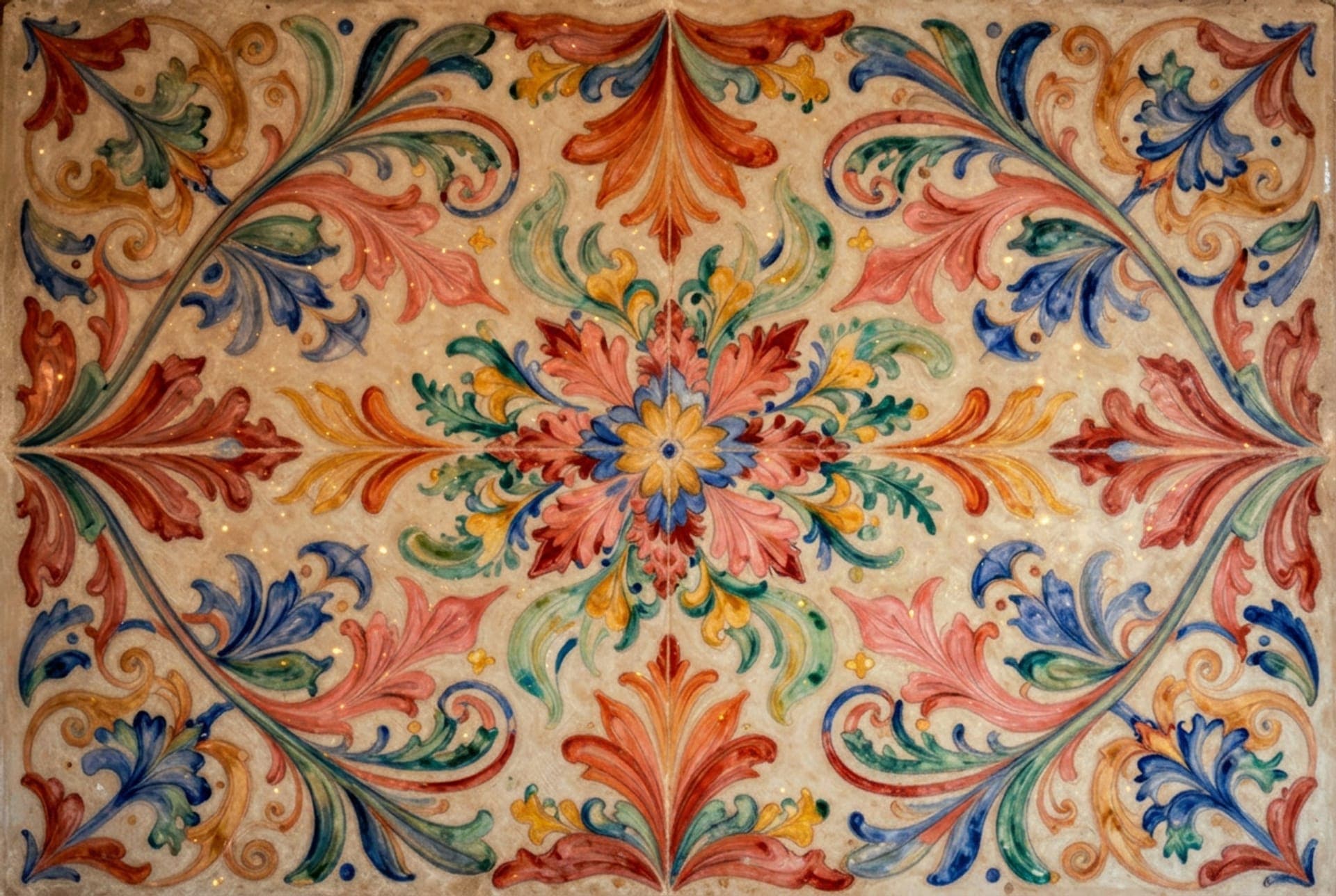 Hand-painted tiles with a symmetrical floral pattern in terracotta, blue, green and gold